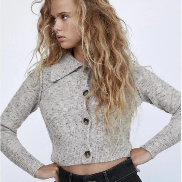 Zara Wool Blend Button Collar Knit Cardigan Heather Grey Size Medium - Picture 2 of 10